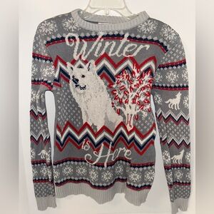 Game of Thrones womens Winter Is Here white wolf long sleeve sweater size Medium